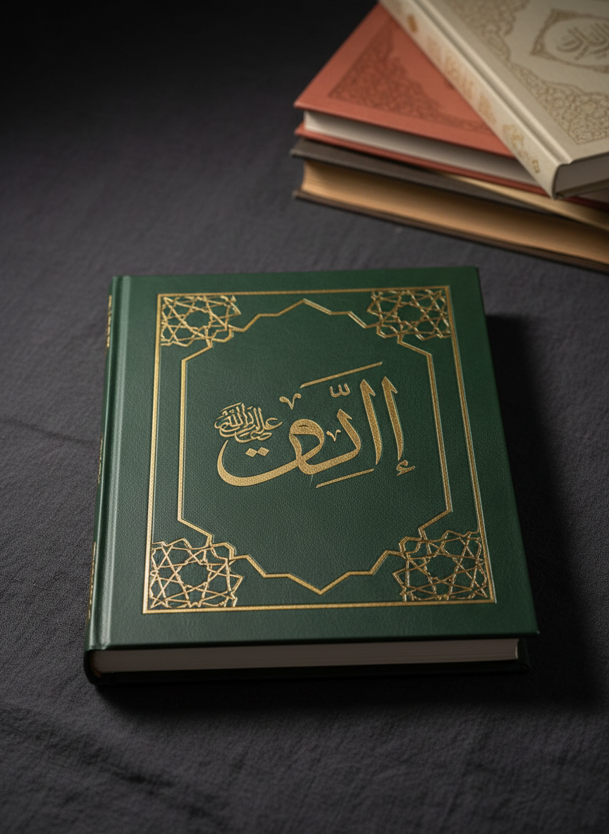 An ornate, handcrafted book cover lying flat on a dark linen cloth, featuring embossed Arabic calligraphy in matte gold and a subtle geometric Islamic pattern framing the title. The cover’s rich, deep green leatherette texture is captured in photographic detail, with delicate stitching visible along the spine. Soft, directional studio lighting from the left creates gentle highlights on the embossed letters and faint shadows in the ornamental pattern, emphasizing depth and craftsmanship. In the background, slightly out of focus, a few other closed books with varied earth-toned covers form a quiet, harmonious arrangement. Shot from a slightly elevated angle with balanced composition, the mood is dignified and refined, expressing the publisher’s commitment to preserving faith, culture, and identity through beautifully produced works.