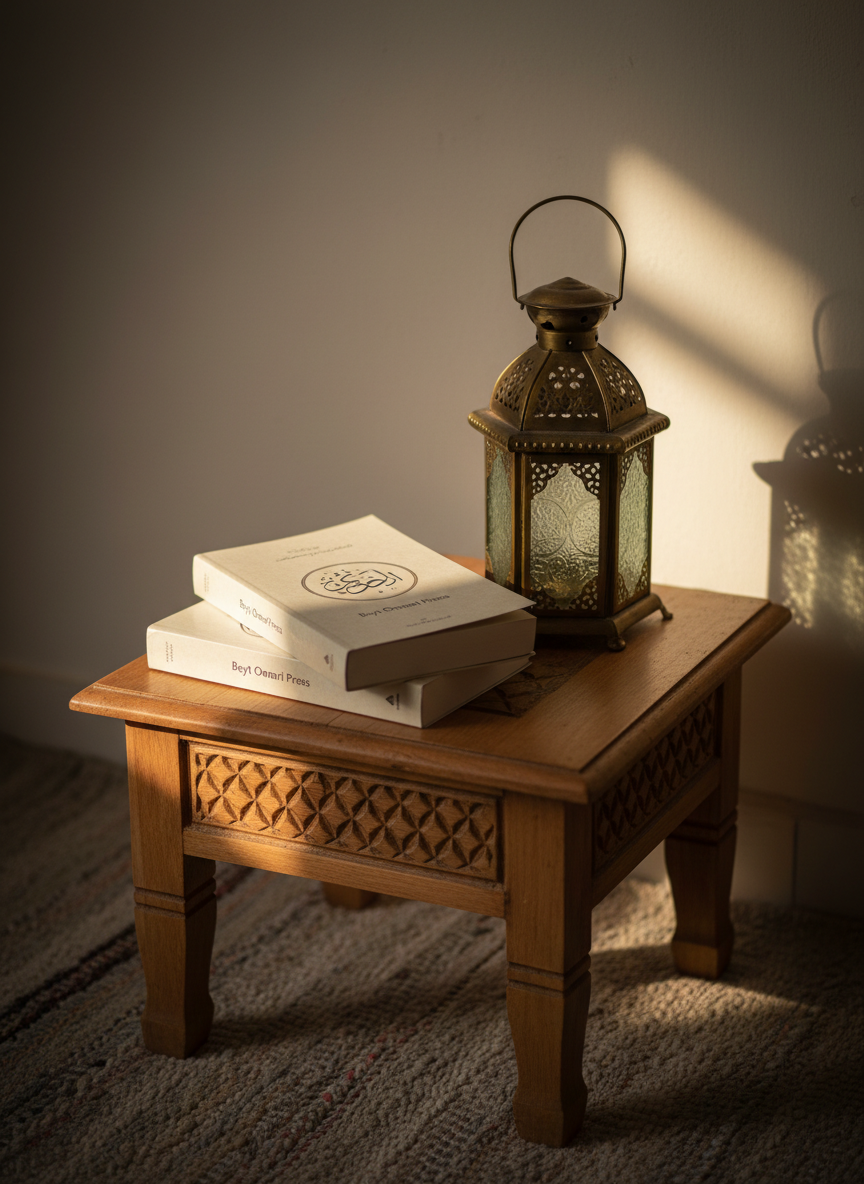 A serene reading nook featuring a low, carved wooden side table supporting a small stack of freshly printed paperbacks with minimalist covers, each adorned with a subtle Beyt Omari Press emblem. The books rest beside a traditional brass lantern with intricate cutouts, unlit but catching traces of light. The setting is framed by a neutral-toned wall and a simple woven rug beneath, evoking a modest yet sophisticated Palestinian home interior. Golden hour sunlight streams in from the right, casting patterned shadows from the lantern onto the table and the edges of the books, creating a warm, inviting glow. Captured in photographic realism at eye level, with a gentle vignette and shallow depth of field, the scene feels intimate and contemplative, symbolizing stories nurtured within an Islamic, family-centered environment.