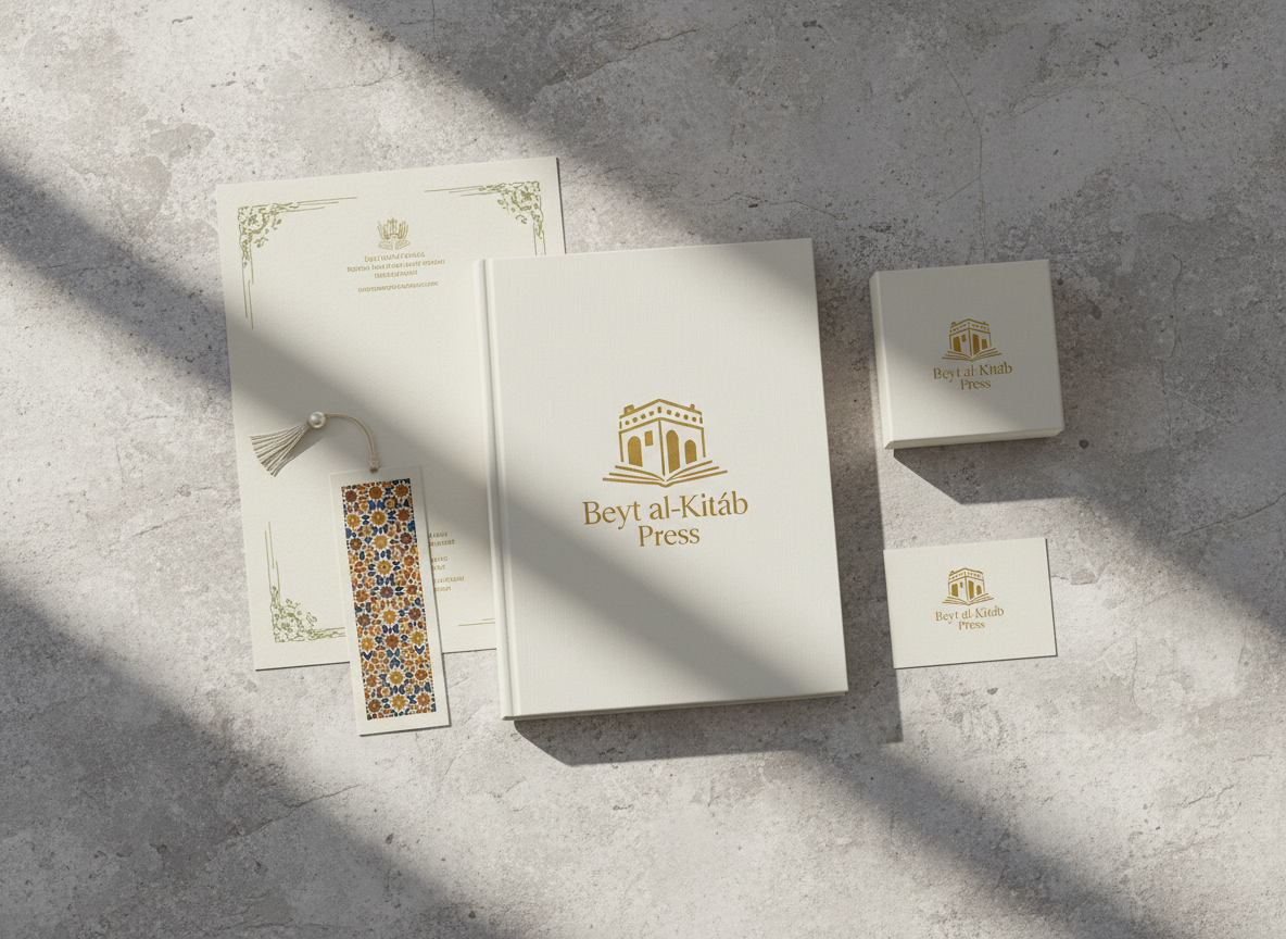An elegantly arranged flat lay on a textured stone surface, featuring a carefully designed publishing brand kit for a Palestinian family-owned press. At the center rests a hardcover book mockup with a clean, ivory dust jacket displaying a refined logo that combines a stylized house silhouette and an open book, subtly referencing “Beyt” as home. Surrounding it are matching items: a letterhead with muted calligraphic accents, a bookmark with geometric Islamic motifs, and a small box stamped with the same emblem. Soft, diffused natural light from a nearby window creates gentle highlights and minimal shadows, giving the composition a calm, polished feel. Shot from a bird’s-eye view in photographic realism, the scene conveys professionalism, sophistication, and a cohesive identity rooted in faith, culture, and literary craftsmanship.