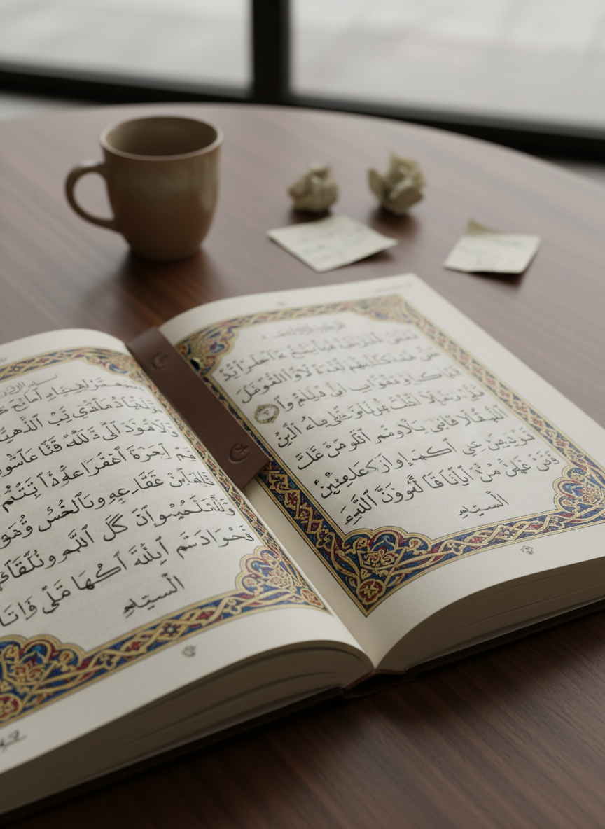 A close-up, photographic shot of an open manuscript laid on a smooth, dark walnut table, its creamy pages filled with neatly typeset Arabic text and decorative illuminated margins inspired by traditional Islamic art. A slim, leather bookmark with a small, stamped crescent and star rests between the pages. The background reveals, softly out of focus, a modest ceramic cup of tea and a few scattered, handwritten editing notes, hinting at the publishing process. Diffused overcast light from above creates even, gentle illumination with soft shadows that emphasize the texture of the paper and ink without harsh contrasts. Framed using the rule of thirds, with the spine running diagonally across the image, the mood is contemplative and scholarly, underscoring the publisher’s role in carefully shaping and preserving culturally rooted narratives.