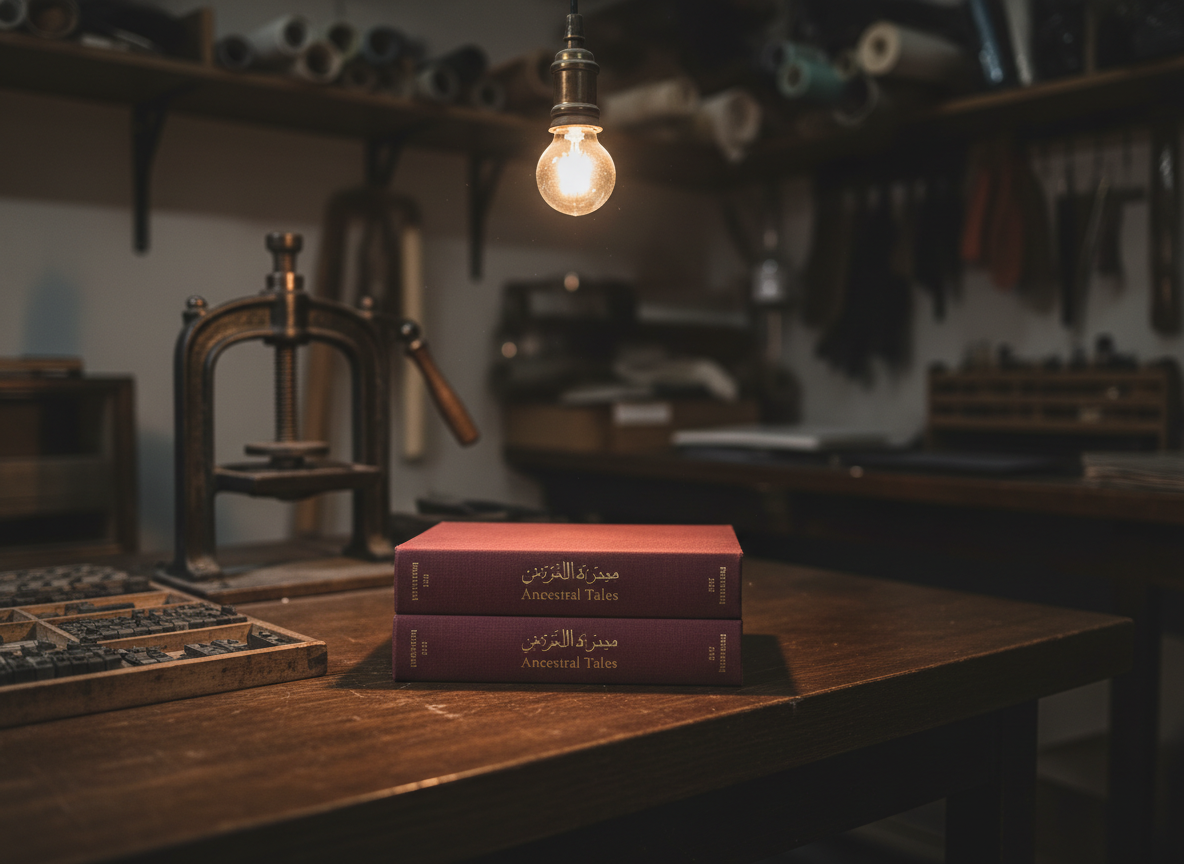 A moody, photographic interior of a compact print and binding workspace, focusing on a sturdy table where a neat stack of freshly bound books with deep burgundy cloth covers awaits inspection. The spines feature understated gold foil titles in Arabic and English, glinting subtly under a single overhead pendant light. In the middle ground, slightly blurred, sit traditional metal type blocks and a well-worn wooden press, suggesting a blend of old-world craftsmanship and modern publishing. The lighting is warm but subdued, with focused illumination on the books and gentle falloff into soft shadows around the tools. Composed at a slightly low angle to give the stack of books quiet prominence, the atmosphere feels industrious yet reverent, emphasizing meticulous care and generational dedication to preserving stories and identity.