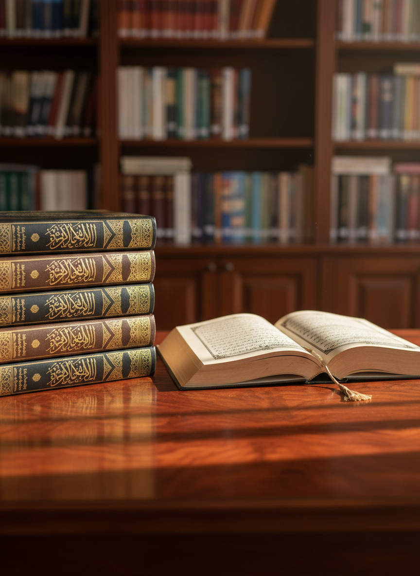 A finely crafted wooden writing desk in a quiet study, its surface neatly arranged with a stack of hardbound books bearing elegant Arabic calligraphy on their spines and the subtle logo of a Palestinian family-owned press. A single open book lies at the center, its cream-colored pages filled with crisp black text and decorative chapter headers. Soft, warm afternoon light filters through an unseen window, casting gentle shadows across the grain of the wood and creating a calm, contemplative atmosphere. In the softly blurred background, tall bookshelves lined with orderly volumes suggest a curated home library. Photographic realism, eye-level composition, and a shallow depth of field highlight the books as the heart of the image, conveying sophistication, reverence for knowledge, and a sense of literary sanctuary grounded in faith and culture.